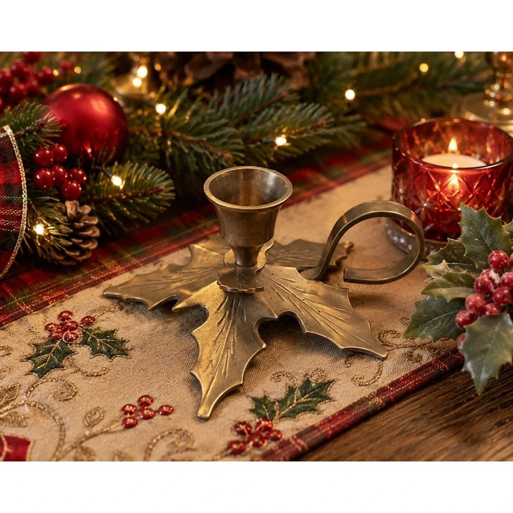 Vtg Solid Brass Leaf Shaped‎ Tapered Candle Holder Christmas - India Archana